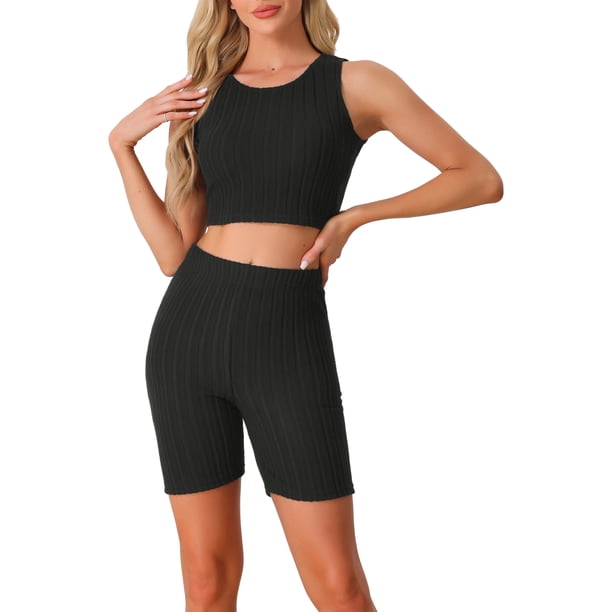 INSPIRAR CHIC Conjuntos de Pijamas de Mujer Sin Mangas de Top Corto de Punto Acanalado con Pantalones Cortos de Jogger Biker XS Negro