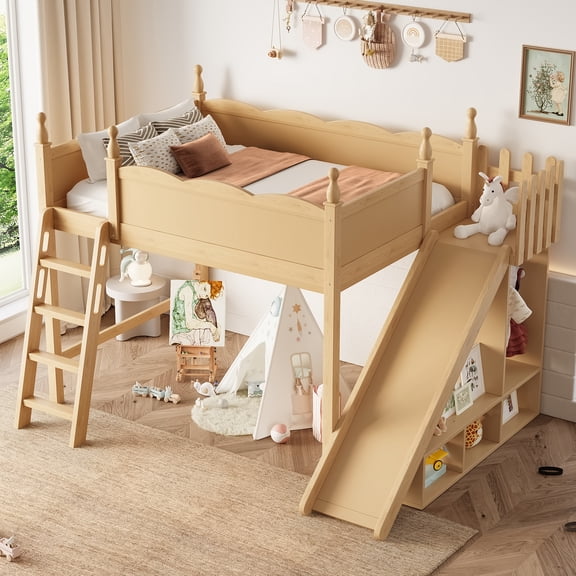 Full Loft Bed with Storage Shelves & Wardrobe, Solid Wood Loft Bed with Detachable Slide & Ladders, No Box Spring Needed, Natural