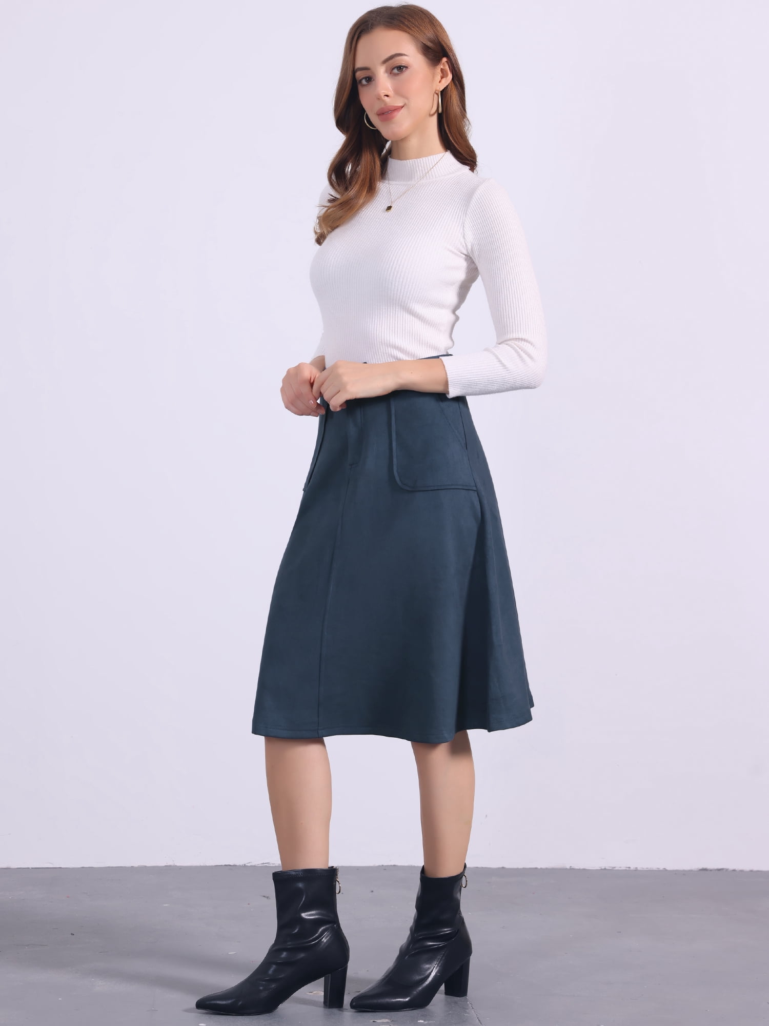 DARING DIVA Women's Faux Suede Pockets Stretch A-line Midi Skirt with Belt M Dark Blue