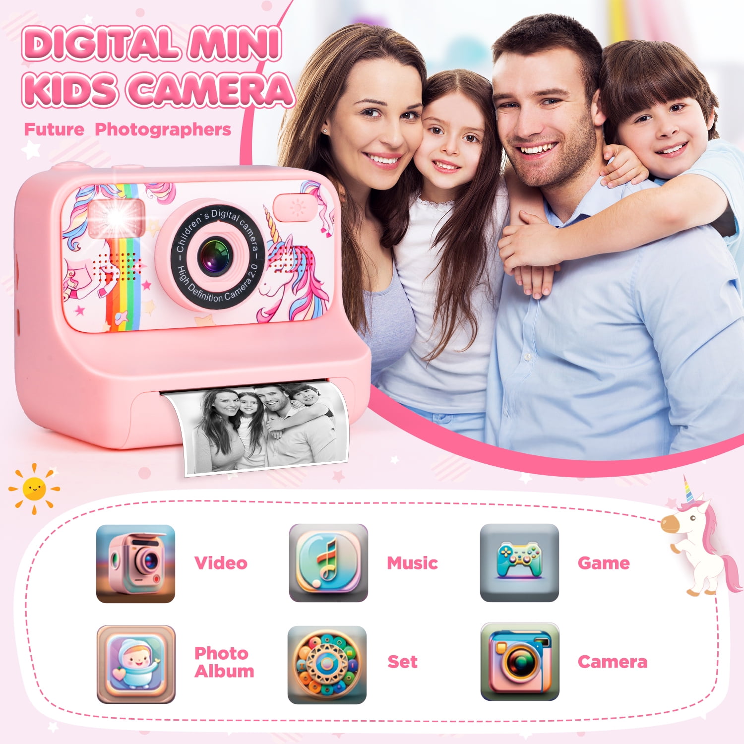 UQN Kids Digital Camera, 1080p Instant Print Camera for Boys Girls 3-10 Years Old, 32GB Unicorn Photo Toys, Birthday Christmas Gifts for 3 4 5 6 7 8 Year Old Kids Toddlers-Pink