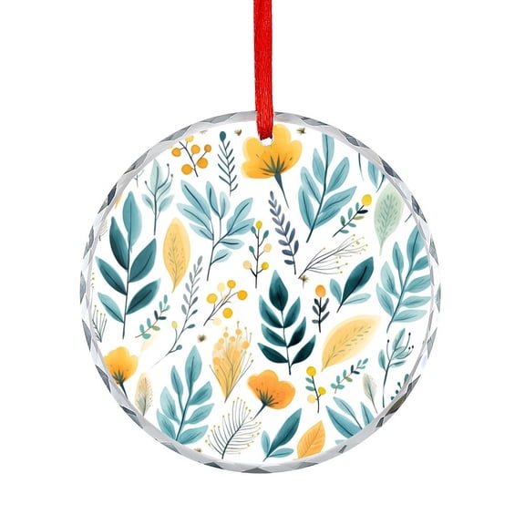 Blue Watercolor Flower Leaves Crystal Glass Ornament Fall Decor Grateful Thanksgiving Round Christmas Ornament Gift Exchange Present Ideas