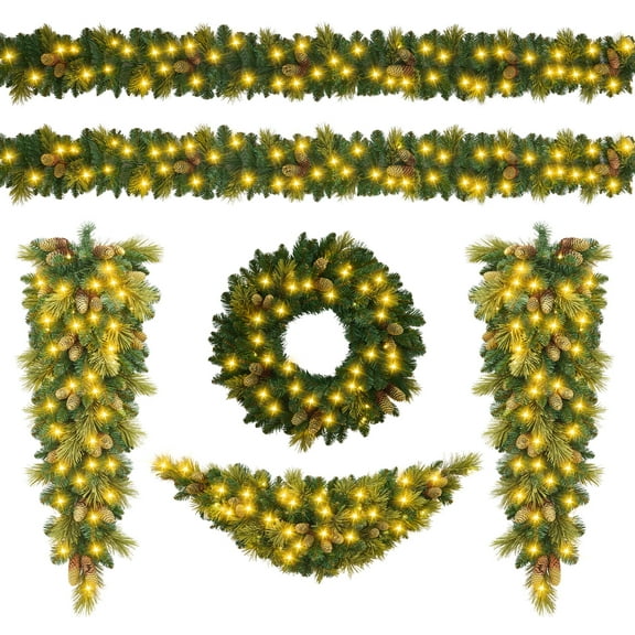 CazToi 6-Piece Pre-Lit Christmas Set with LED Lights Wreath Garland Swag Decorations