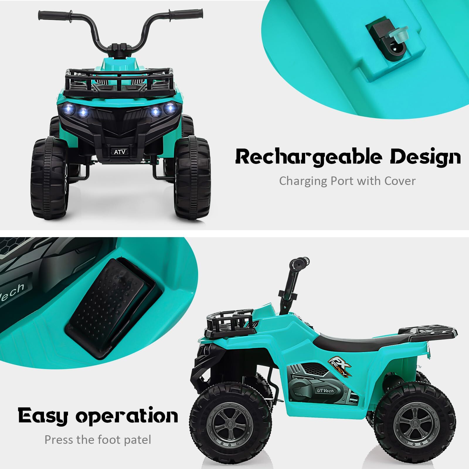 Sakiyr 12V Kids Ride On ATV, Battery Powered Electric Vehicle with Led Light, 4-Wheeler Quad ATV Play Car 2 Speeds for Boys Girls