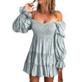 thumbnail image 1 of Vestido de una línea con hombros descubiertos, cuello en V, manga larga, cintura, vestido estampado plisado adelgazante para mujer, azul claro M, 1 of 6