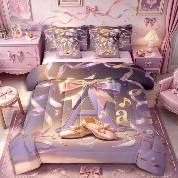 Castle Fairy Elegant Letter A Twin Bedding 7-Piece,Ballet Slipper Design Bedding Comforter Set,Pastel Pink Gold