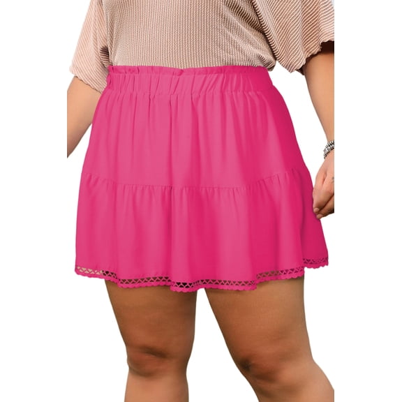 Rose Red Plus Size Boho Ruffled Shorts – High Waist Frilled Lace Trim for Women, 4X