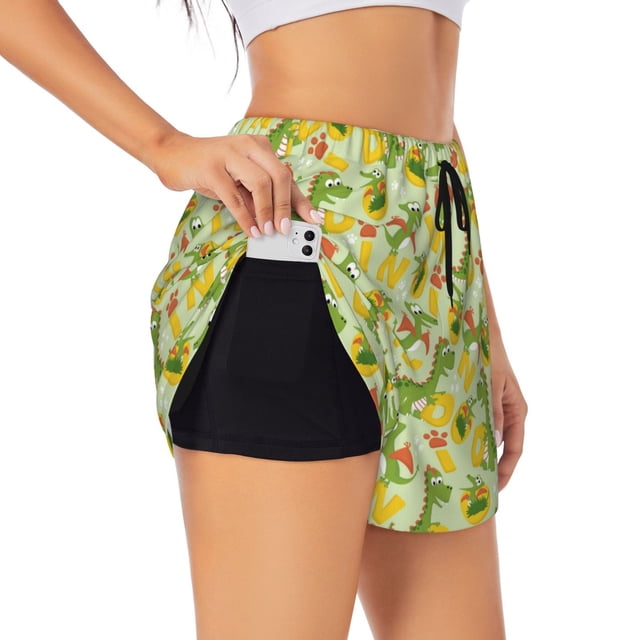Balery Cartoon Dinosaurs,Cute Dinosaurs Pantalones cortos deportivos para mujer con forro y dos bolsillos, elásticos, para entrenamiento, gimnasio, yoga-Large