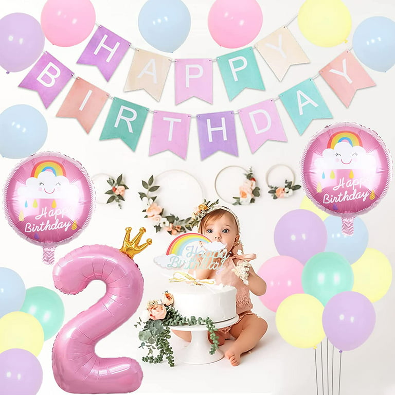 2nd Birthday Decorations for Girls Pastel, Pastel Birthday Decorations with  Macaron Birthday Banner Balloons 40 Number 2 Foil Balloon Rainbow Cake  Topper for Two Sweet Party Supplies 
