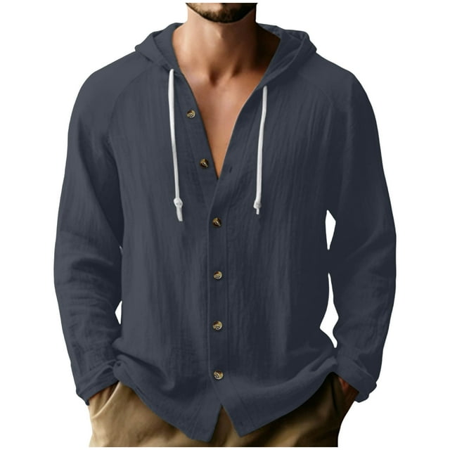 RXMEKW Solid Color Hooded Cardigan for Men with Button Front and Long Sleeves