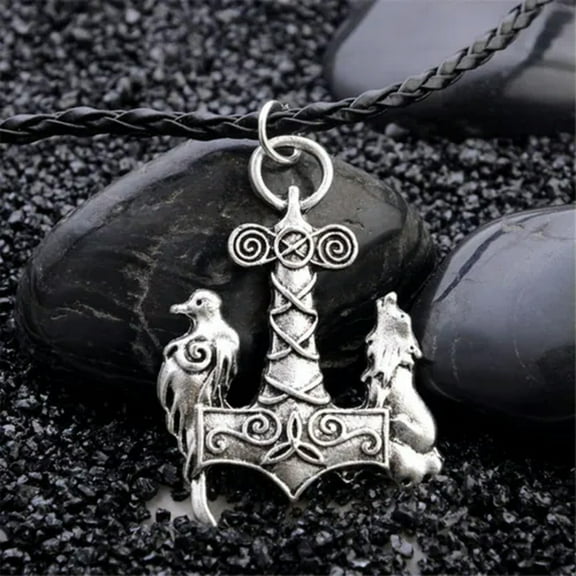 HOOUN Mens Nordic Viking Mjolnir Wolf Crow Pendant Chain Myth Thor's Hammer Necklace-silver