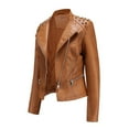 thumbnail image 3 of Women Lapel Motor Jacket Zip Up Cropped Outerwear Coat, 3 of 5