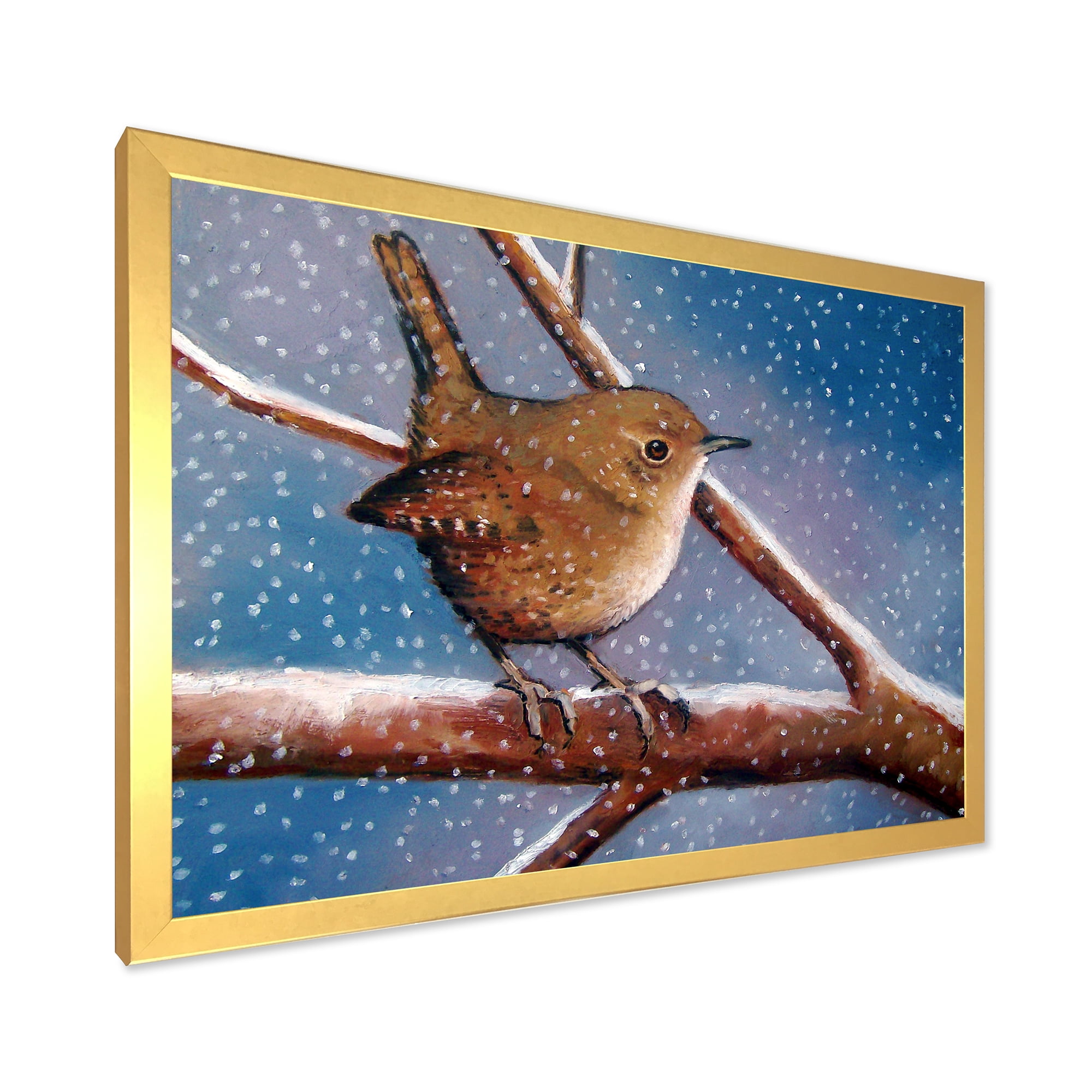 Designart 'Wren Bird On Branch In Winter' Farmhouse Framed Art Print