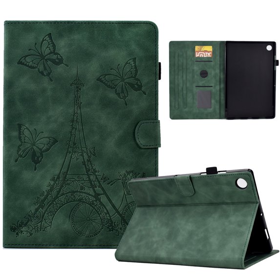 ELEHOLD Flip Folio Leather Case for Samsung Galaxy Tab A8 10.5 (2022), Butterflies Tower Pattern Card Slots Auto Wake/Sleep Kickstand Function Multi-Functional Protective Shockproof Slim Case,Green