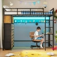 thumbnail image 2 of Twin Size Loft Bed with L-Shaped Desk, LED Lights,Charging Station,Metal Bed Frame with Storage Shelves and Drawers, Safety Guard & Ladder, No Box Spring Needed,Black, 2 of 9
