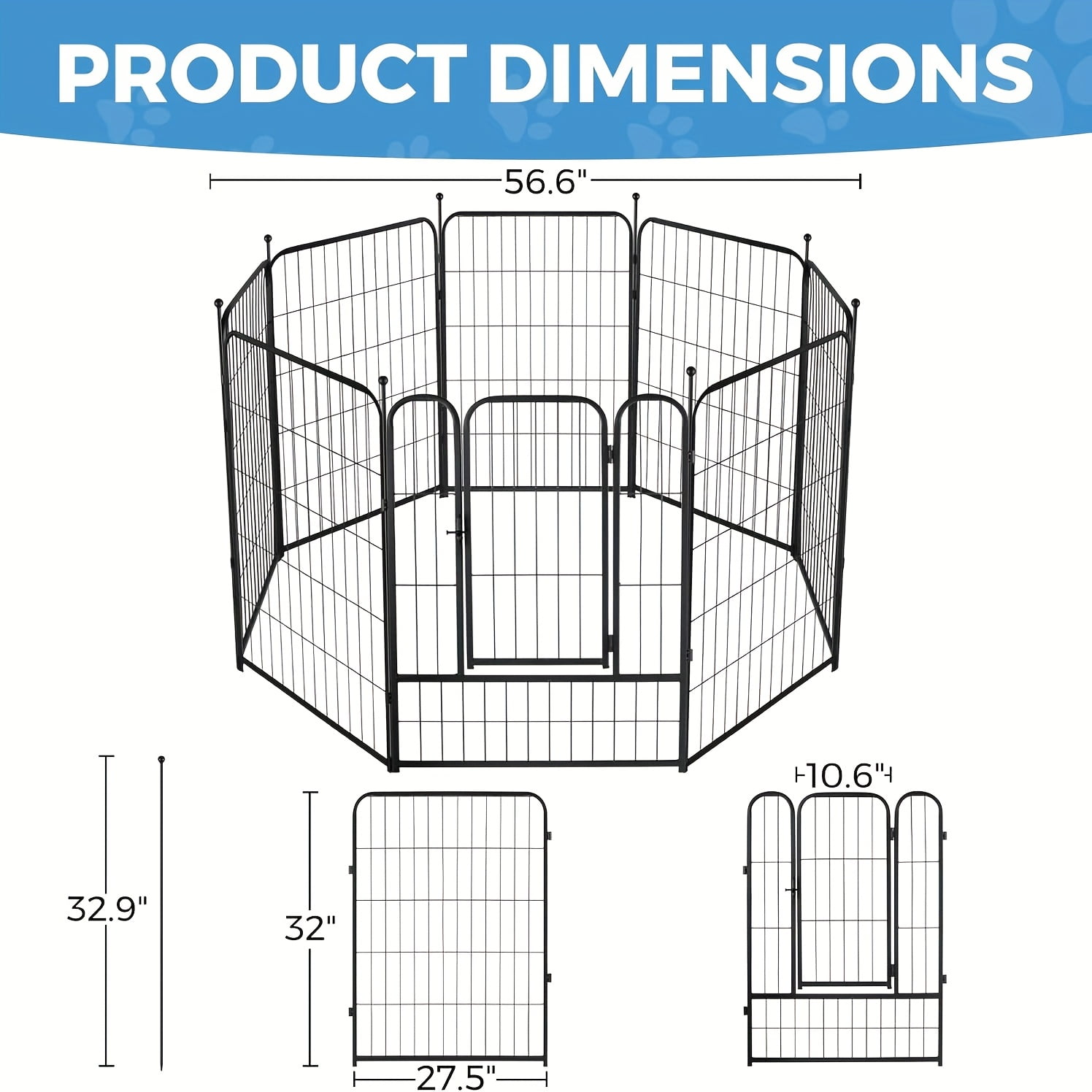 32" 8-Panel Dog Playpen for Small & Medium Dogs - Indoor/Outdoor Pet Fence with Rounded Ground Stakes, Easy Tool-Free Assembly, Secure Black Mesh Design for Camping, Yard, RV, or Garden