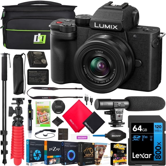 Panasonic LUMIX G100D 4K Mirrorless Digital Camera Body with 12-32mm F3.5-5.6 Lens DC-G100DKK Bundle Including Deco Gear Bag   Microphone   Monopod   64GB Card   Software and Accessories