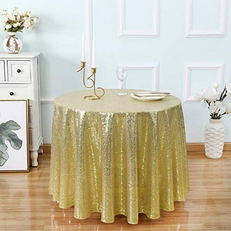 Kirsooku Light Gold Sequin Tablecloth Glitter Sparkly Iridescent Shimmer for Round Table Cloth 90 Inch Table Covers Decorations for Birthday Party Supplies Event Wedding Table Skirt Decor