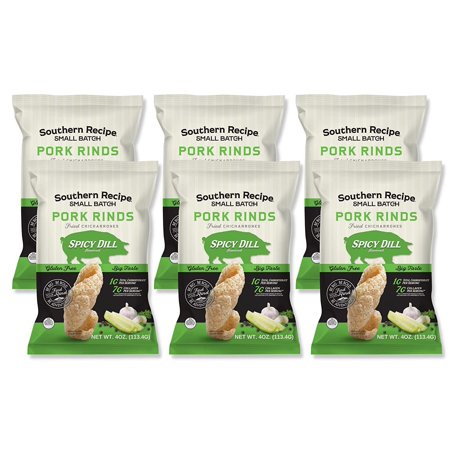 Small Batch Pork Rinds | Spicy Dill Flavor | Keto Friendly, Gluten , Low Carb Food | 7g Per Serving | High otein | 4 Oz Bag (Pack of 6)
