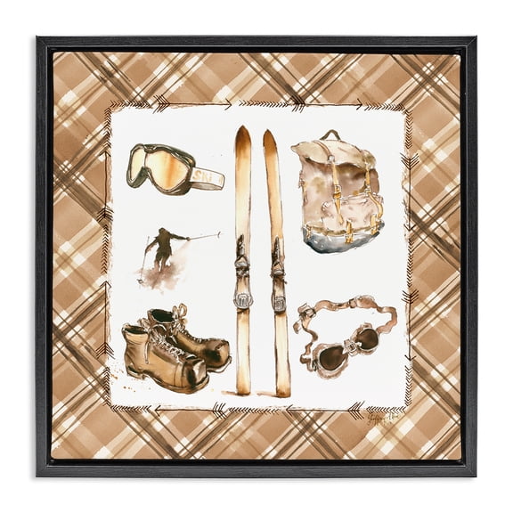 Stupell Industries Farmhouse Winter Sports on Plaid Black Floating Frame Canvas Art, 18 x 18, by Geoff Allen