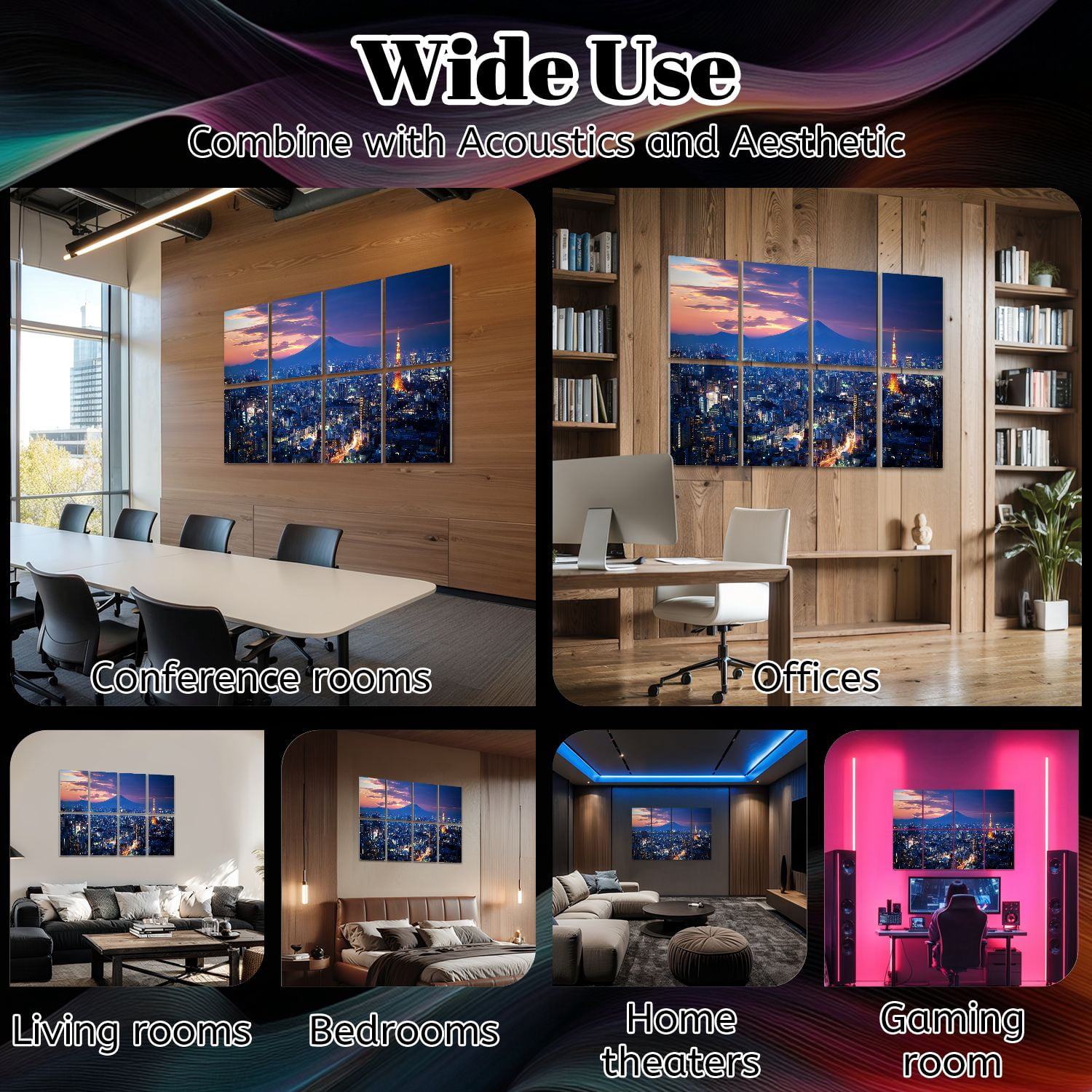 8 Pack Art Acoustic Panels Sound Absorbing Mt Tokyo skyline Decorative Soundproof Wall Panels Self Adhesive for Nursery Game Room Bedroom 48"x32"