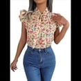 thumbnail image 2 of Blusas Bohemias de con Cuello Alto, Corta con Volantes y Estampado Floral para Mujer, Estilo Informal, Elegante, de Verano 2025. Albaricoque XL, 2 of 7