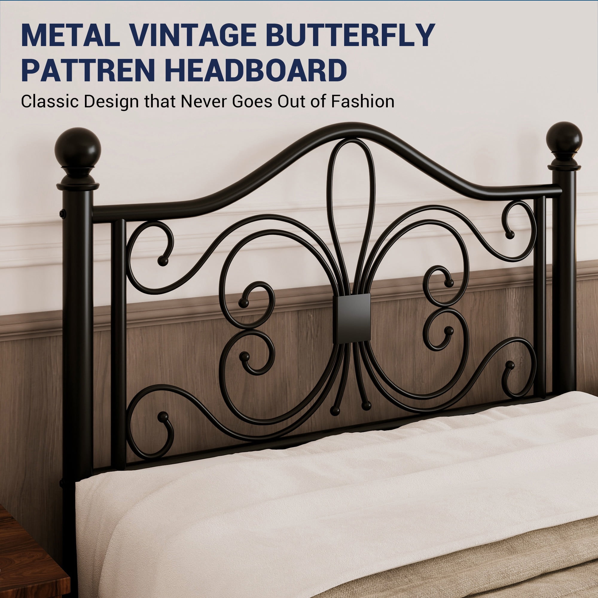 Allewie Twin Size Vintage Metal Bed Frame with Butterfly Pattern Design Headboard & Footboard, Black