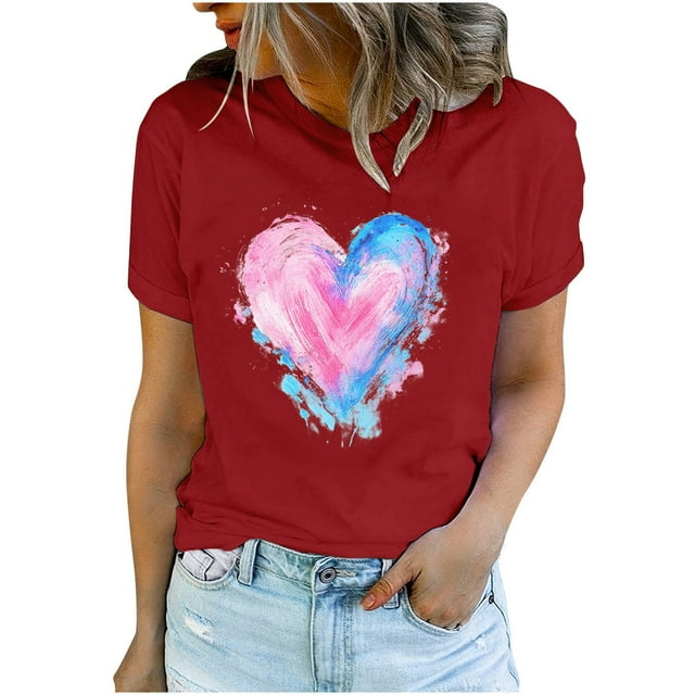 Diufon Hauts de la Saint-Valentin pour Femmes Décontracté Tendance Manches Courtes Col Rond Chemisier Imprimé Graphique Mignon