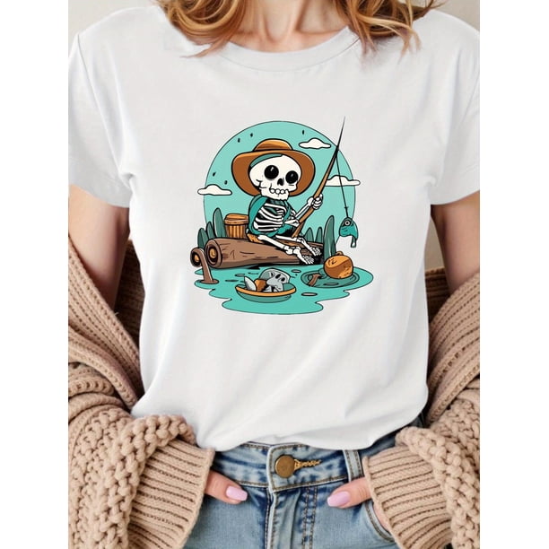 Summer Casual Short-Sleeve T-Shirt with a Female Skull Fishing Design Tee Tee For Adult, Men, Women, Teen, Teenager, Adolescent, Youth