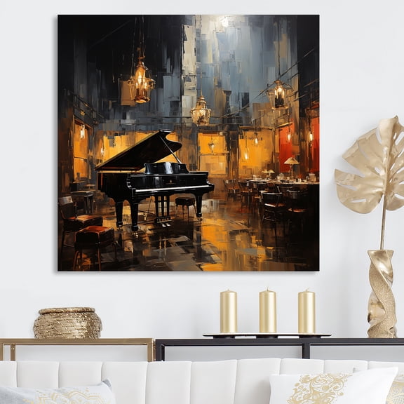 Designart "Grand Piano Jazz Café in Yellow and Grey II" Music Wall Art - Vintage Yellow Music Piano Entryway Wall Art