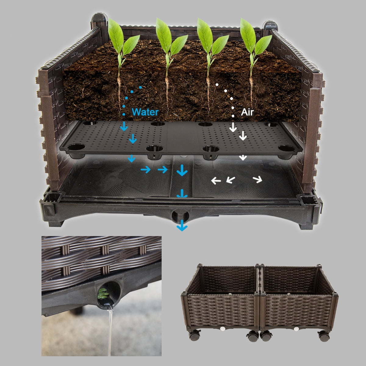 Barton Garden Bed 2-Piece Elevated Planter Box with Wheels for Vegetables, Flowers, Herbs Outdoor