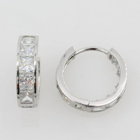 14K Real White Gold 4mm Thickness Princess 6 Stone Set Cubic Zirconia Polished Hoop Huggies Earrings