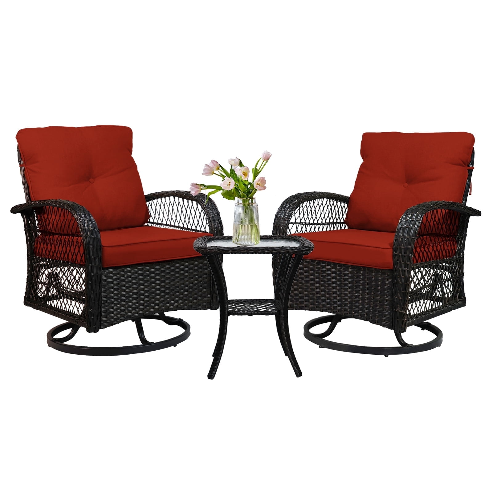 SHGJ&SOFT 3-Piece Patio Conversation Set with Thick Cushions and Glass Table, Modern PE Rattan Outdoor Furniture for Deck, Porch or Garden (Red)