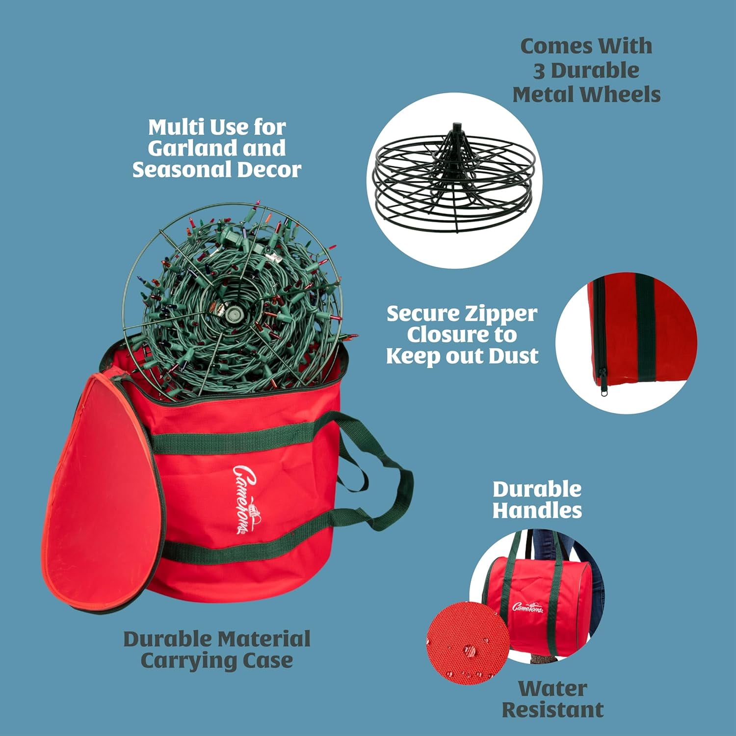 Camerons Christmas Light Storage Reel 3 Pack w Zippered Carrying Bag Case- 12" XL Heavy Duty Metal Construction for Tree Lights, Wind up Extension Cords, Garland- Holiday Decoration Organizer