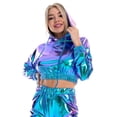 thumbnail image 5 of IBTOM CASTLE Women's Shiny Crop Top Hoodie Metallic Rave Casual Long Sleeve Hooded Pullover Workout Sweatshirt Disco Dance Clubwear XXL Holographic Blue, 5 of 8