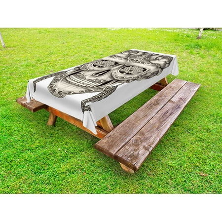 

Day Of The Dead Outdoor Tablecloth Spanish Sugar Skull with Roses Dragonfly Eyes Feather and Earrings Artwork Decorative Washable Fabric Picnic Table Cloth 58 X 84 Inches Grey Ivory by Ambesonne