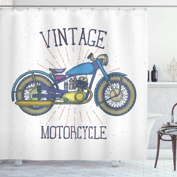 Motorcycle Shower Curtain, Colorful Vintage Bike with Starburst Dashed Lines and Grunge Effect Hand Drawn, Fabric Bathroom Set with Hooks, 69W X 70L Inches, Multicolor, by Ambesonne
