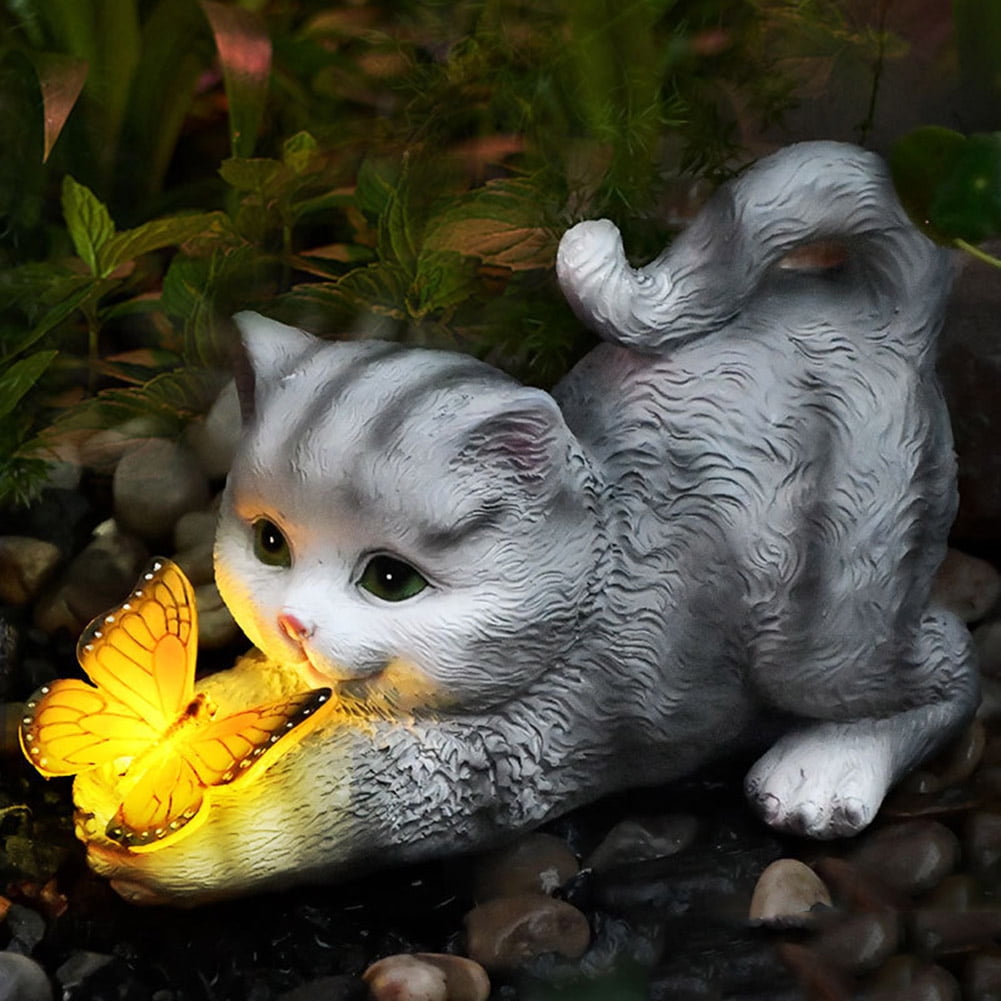 Yucurem Solar Garden Figurines Ornaments, Cat Solar Garden Statue with Butterfly Light Decor for Patio, Balcony, Yard Art Decoration for Birthday Housewarming Gift (Gray)