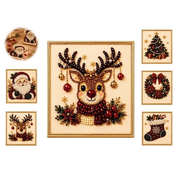 DIY Christmas Pearl Diamond Painting Art Kit with Frame, Christmas Pearl Beads Art Craft for Adults Beginner, Gemstone Diamond Dots Beads for Home Wall Decor(Reindeer)