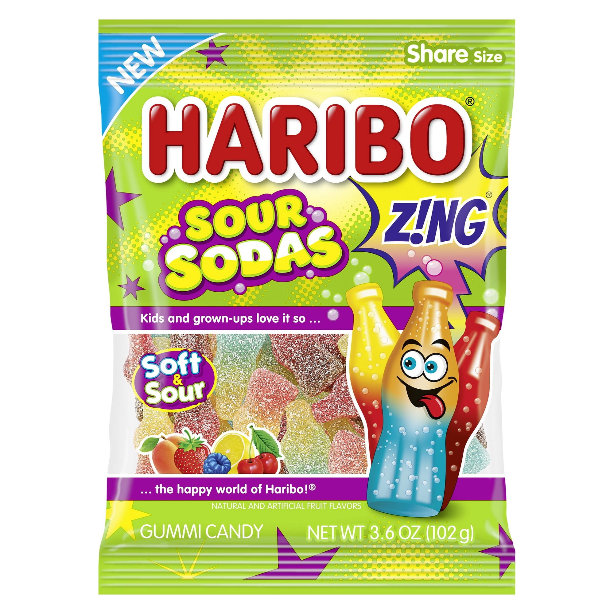 Haribo Sour Soda Gummies Original Assorted Sour Gummy Candy, 3.6 oz Bag