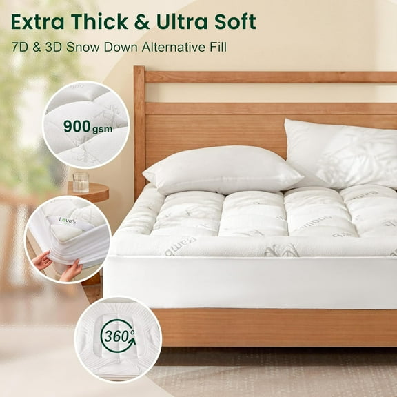 Bamboo Rayon Mattress Topper, Breathable 900 GSM Thick Pillow Top Pad with Deep Pocket for King Size