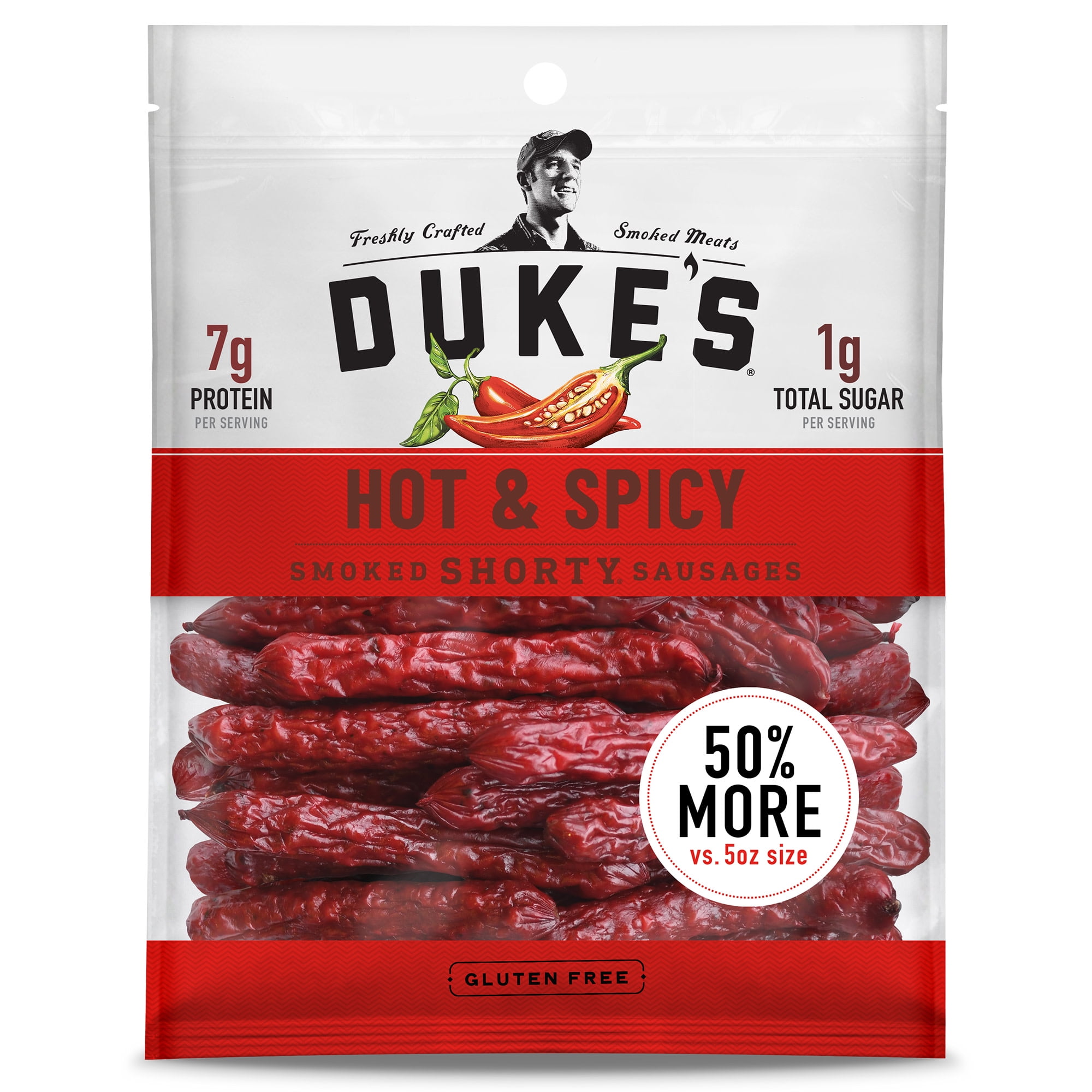 (7 pack) Duke's Pork Hot and Spicy Smoked Shorty Sausages, 7g Protein Per Serving, 7.5 oz.