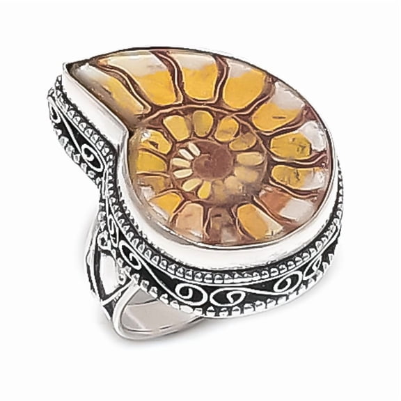 Natural Ammonite Fossil Gemstone 925 Sterling Silver Jewelry Ring Size 7