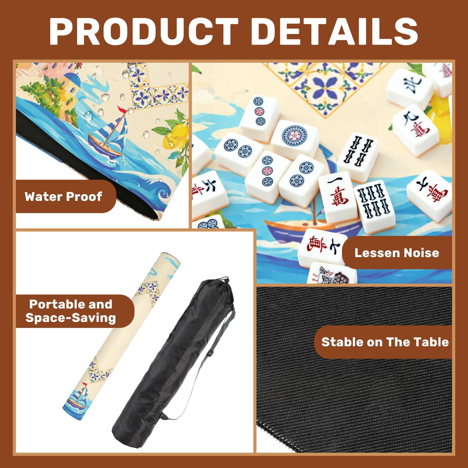Mahjong Mat 31.5" x 31.5" Colorful Coastal Town Sunset Palm Trees Airplane Floral Accents Non-Slip Noise Reduction American Mahjong Tiles Table Cover for Dominoes Poker Card Board Games Gift
