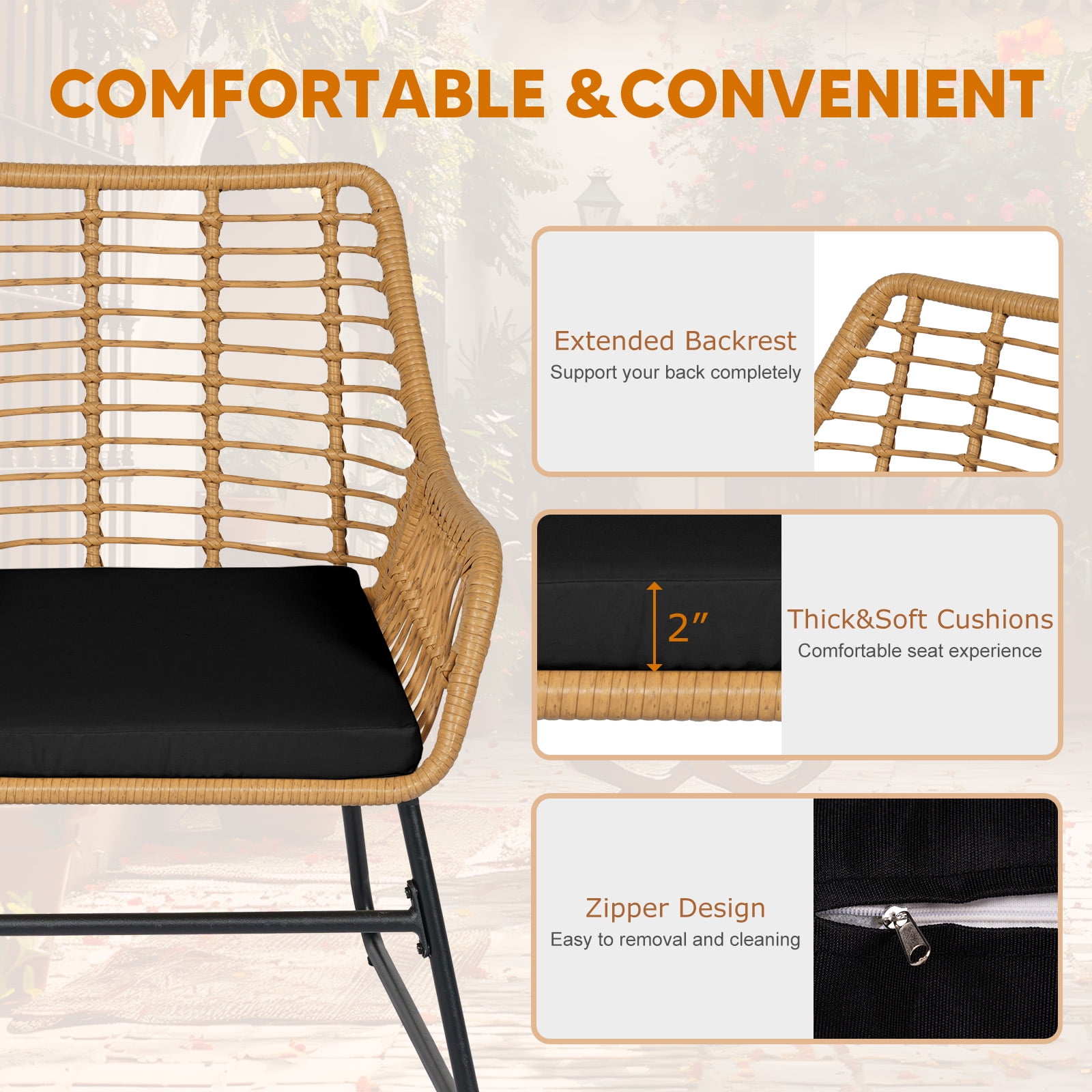 Tappio 4-Piece Rattan Patio Furniture Set, Outdoor Wicker Conversation Set with Tempered Glass Table, Black