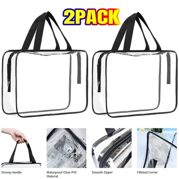 2 PCS Large Clear Makeup Bags, Crystal Clear PVC Travel Toiletry Bag , Waterproof Organizer Makeup Bags with Handle Straps, Cosmetic Bag Handbag - L