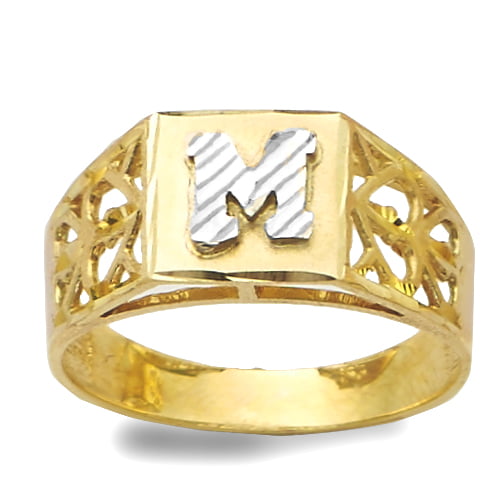 LoveBling 10K Yellow Gold Diamond Cut Ladies Alphabet Initial Ring, Block  Lettering (M, 10)