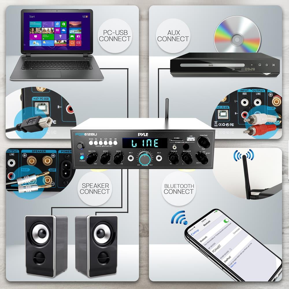 Pyle 200 Watt Compact Bluetooth Stereo Amplifier, MP3/USB/SD Readers
