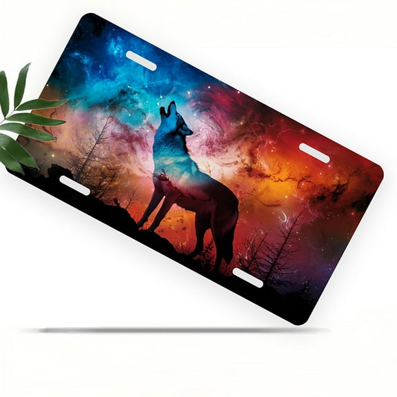 License Plate, Cosmic Howling Wolf Decorative Front,Personalized Stainless Steel License Plate Cover For Men Women,12.2" X 6.2"