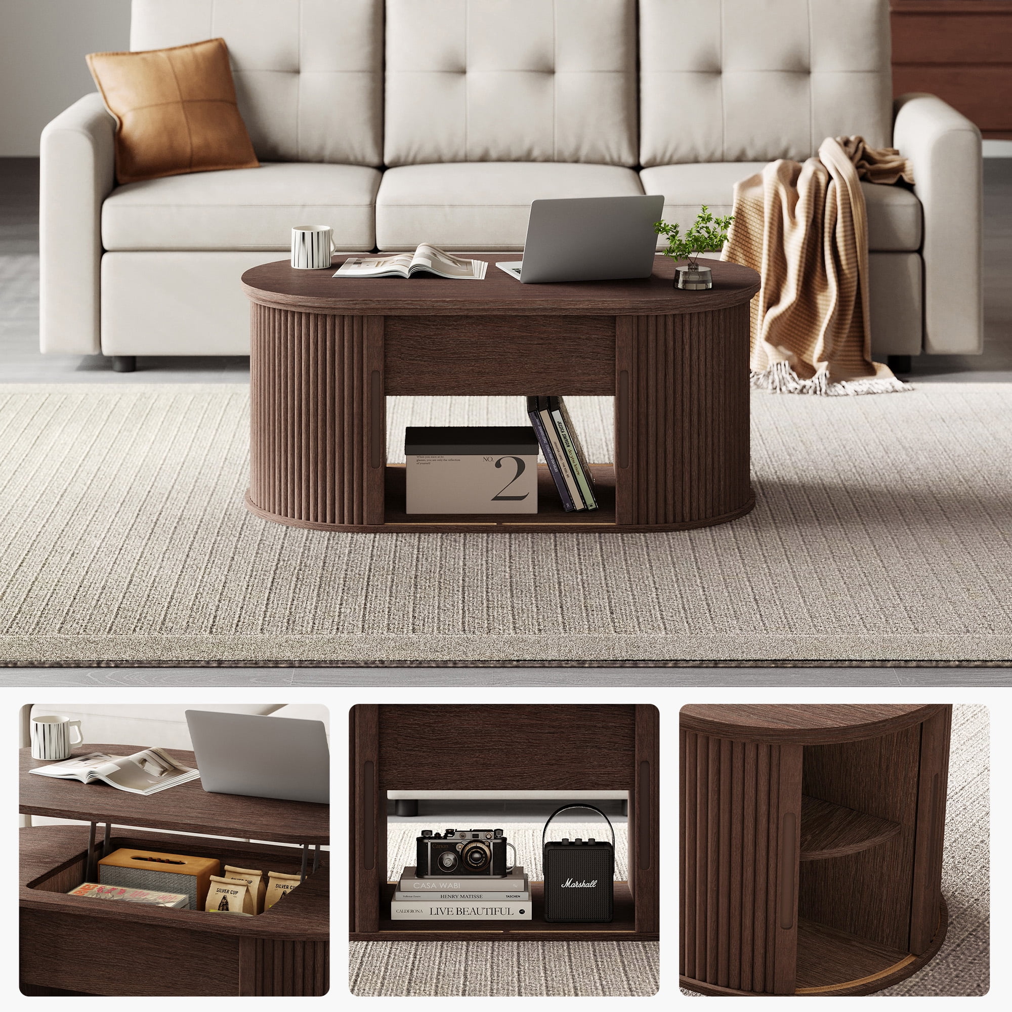 Linsy Home Lift Top Fluted Coffee Table with Storage, Mid-Century Coffee Table for Living Room with Sliding Tambour Door, Walnut
