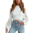 thumbnail image 6 of Womens Shirt Office See Through Mesh Basic Long Sleeve Blouse Elegant Lace Floral Lace Loose Pullover Tops Blouse, 6 of 9